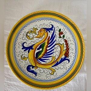 Vintage Italian Majolica Deruta Pottery Dragon Porcelain Wall 10” Hanging Plate